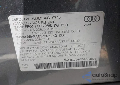 2016 Audi Q5 2.0T Premium из США, поврежденный, VIN WA1L2AFP7GA034873